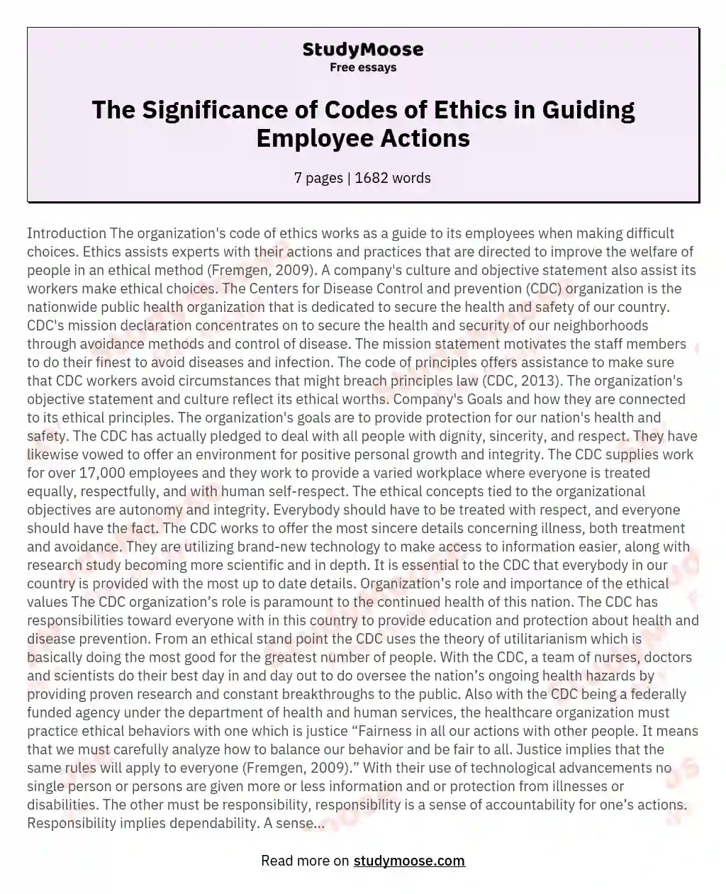The Significance of Codes of Ethics in Guiding Employee Actions essay