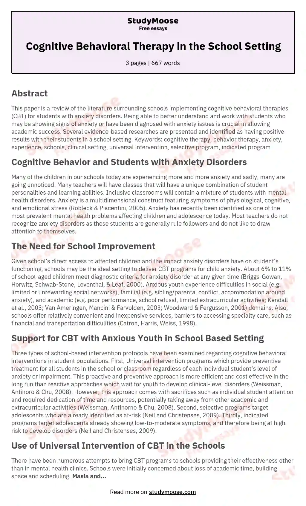 Cognitive Behavioral Therapy in the School Setting essay