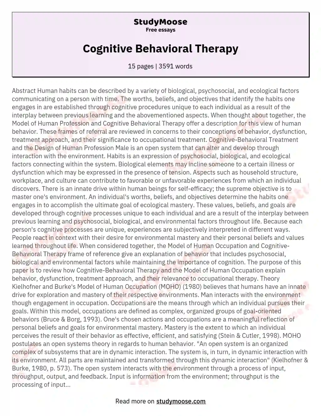 Cognitive Behavioral Therapy Free Essay Example