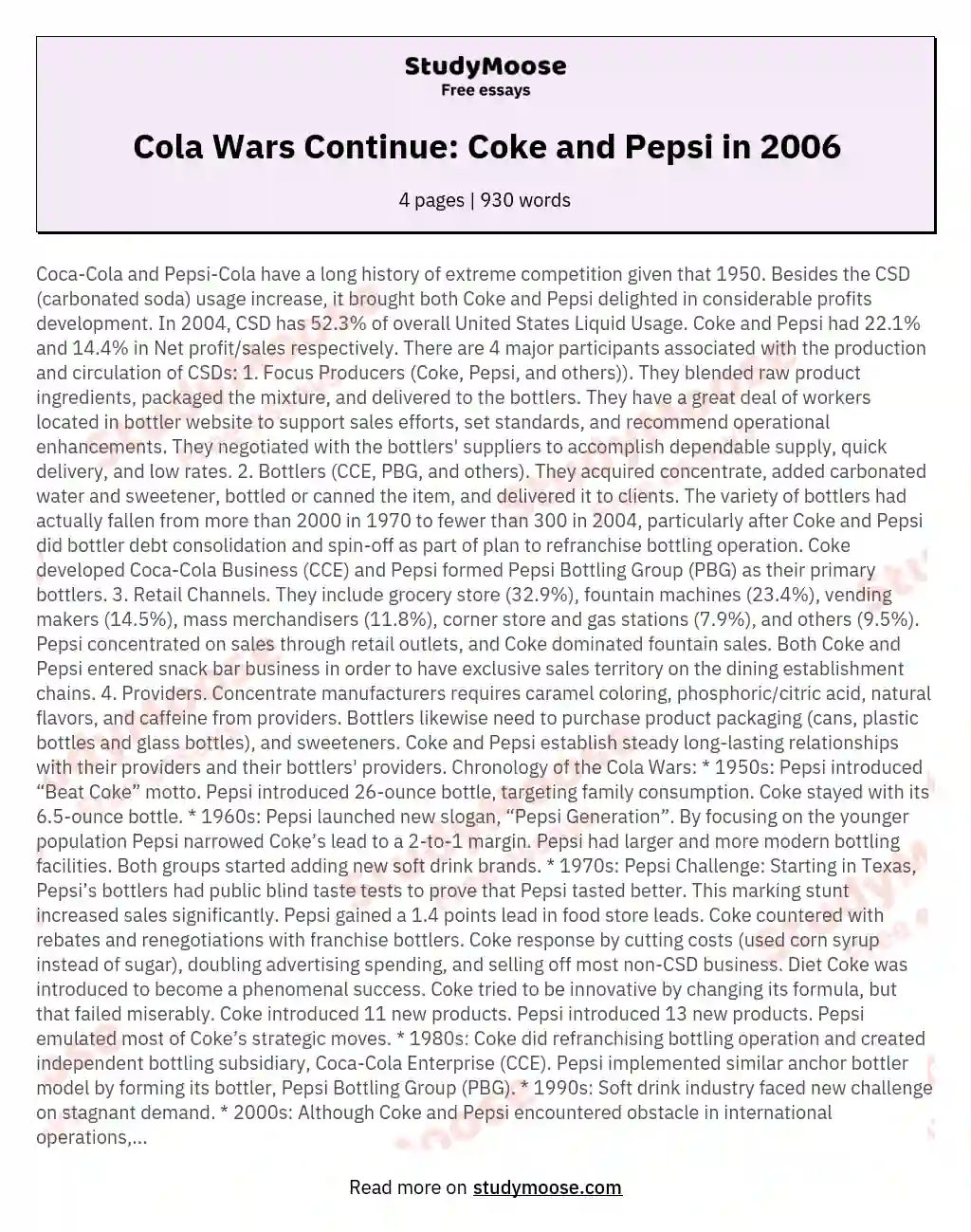Cola Wars Continue: Coke and Pepsi in 2006 essay