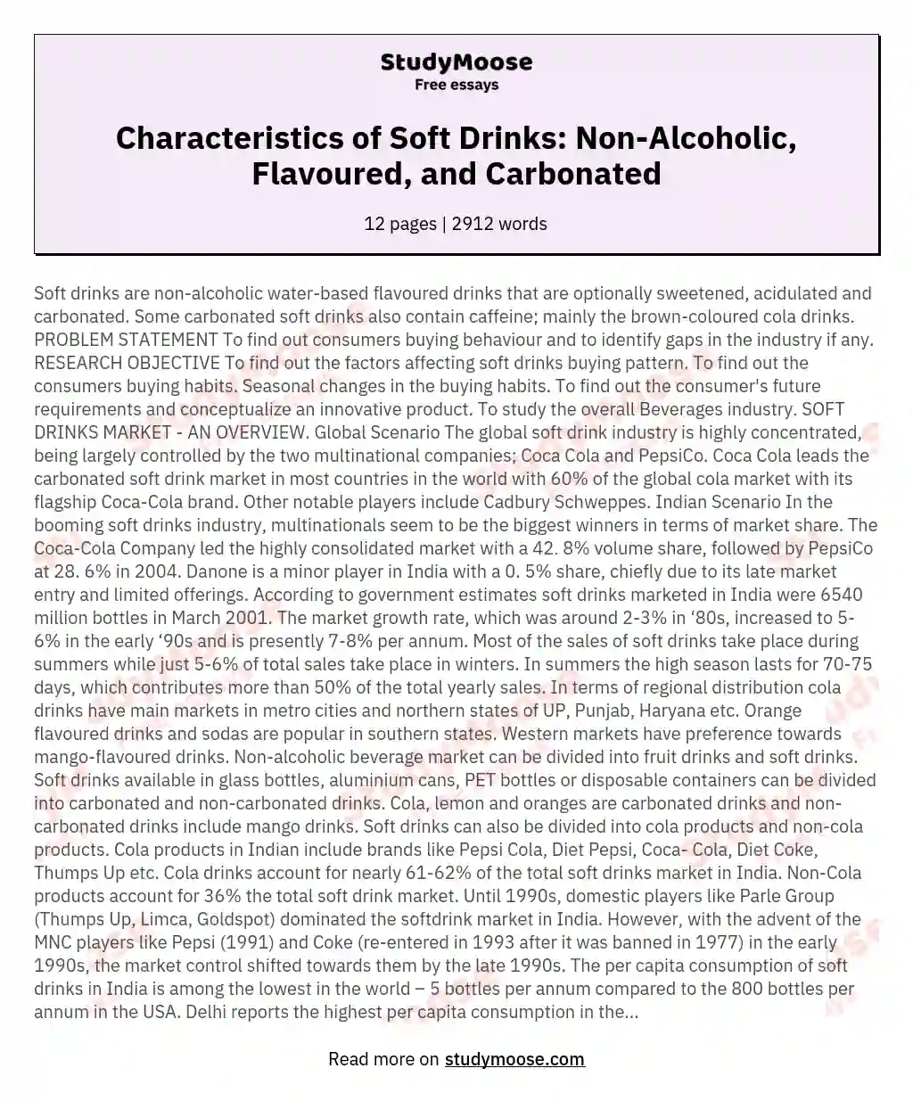 Characteristics of Soft Drinks: Non-Alcoholic, Flavoured, and Carbonated essay