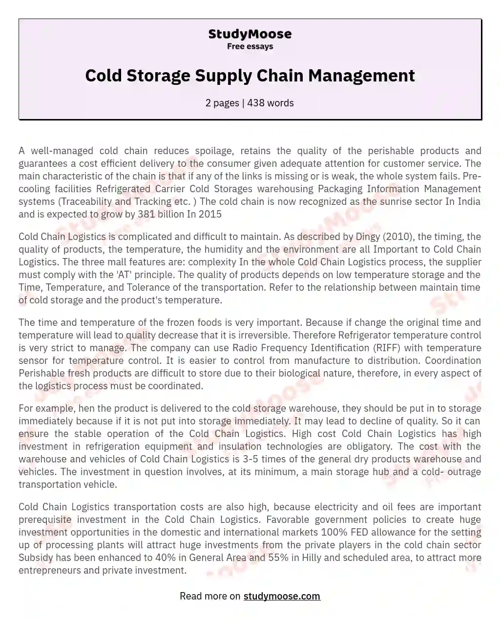 Cold Storage Supply Chain Management essay