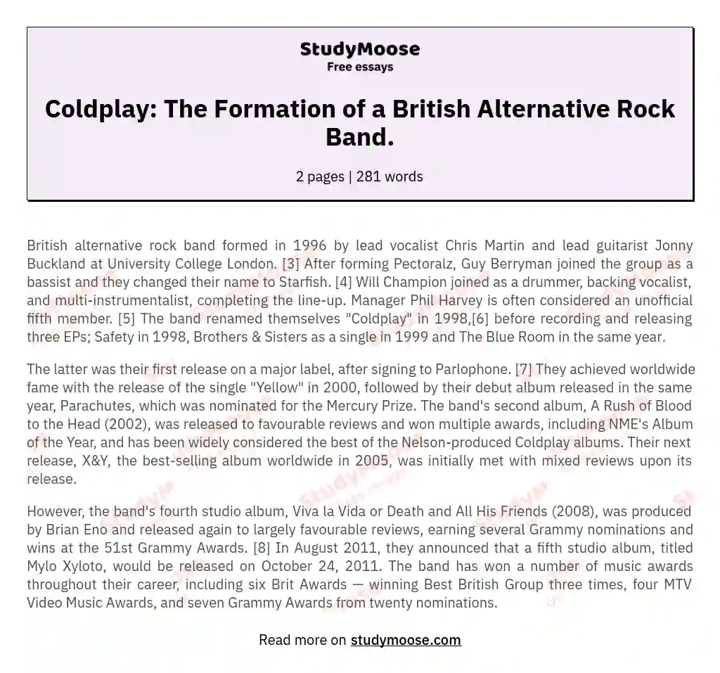 Coldplay: The Formation of a British Alternative Rock Band. essay