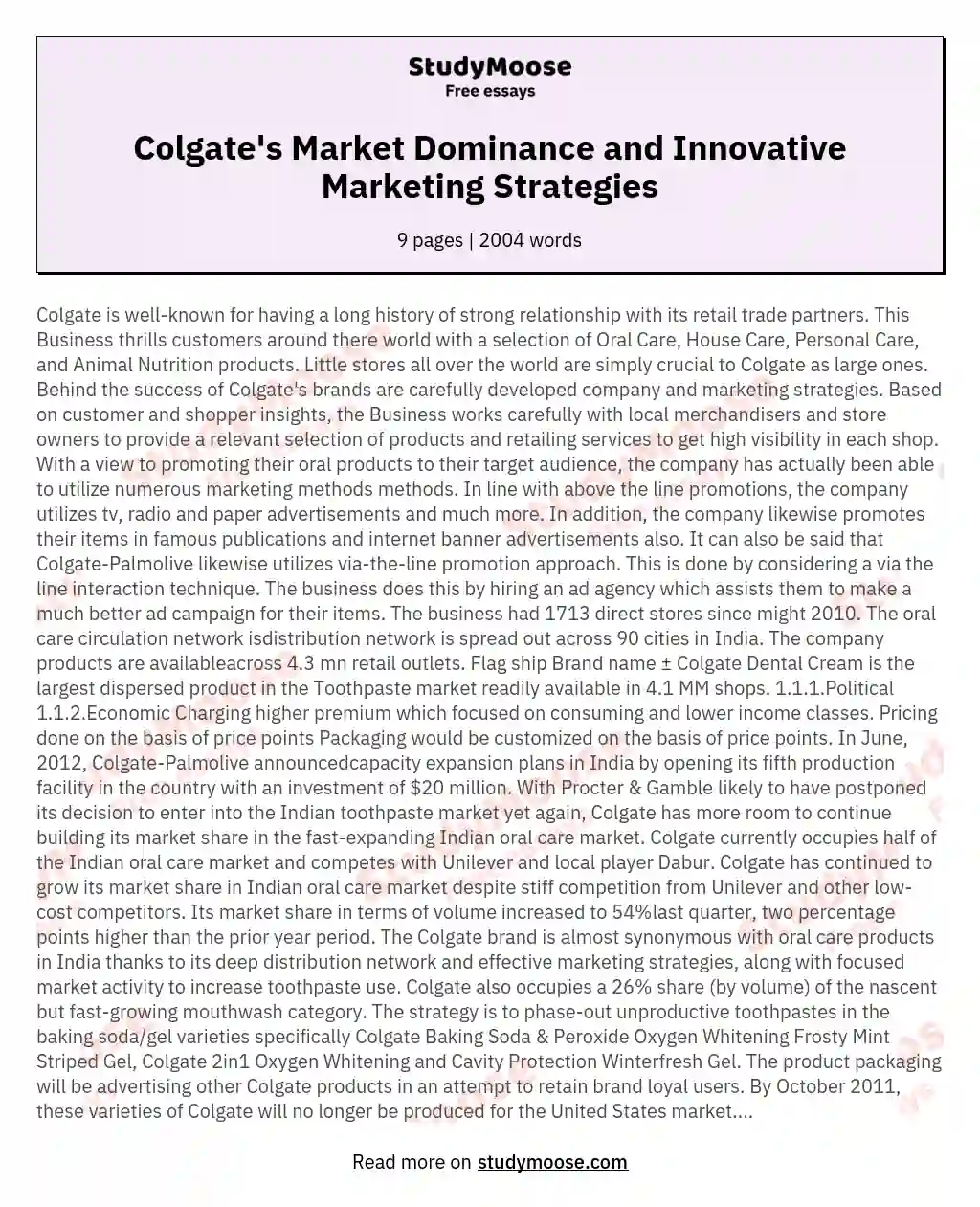 Colgate's Market Dominance and Innovative Marketing Strategies essay