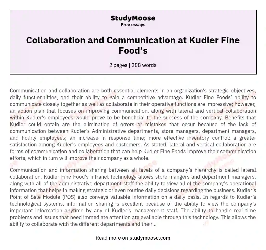 Collaboration and Communication at Kudler Fine Food’s essay