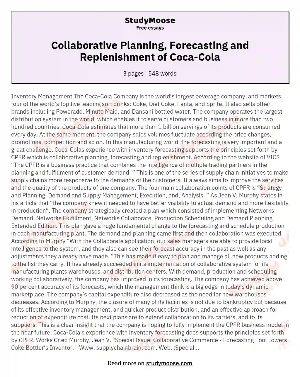 Collaborative Planning, Forecasting and Replenishment of Coca-Cola essay