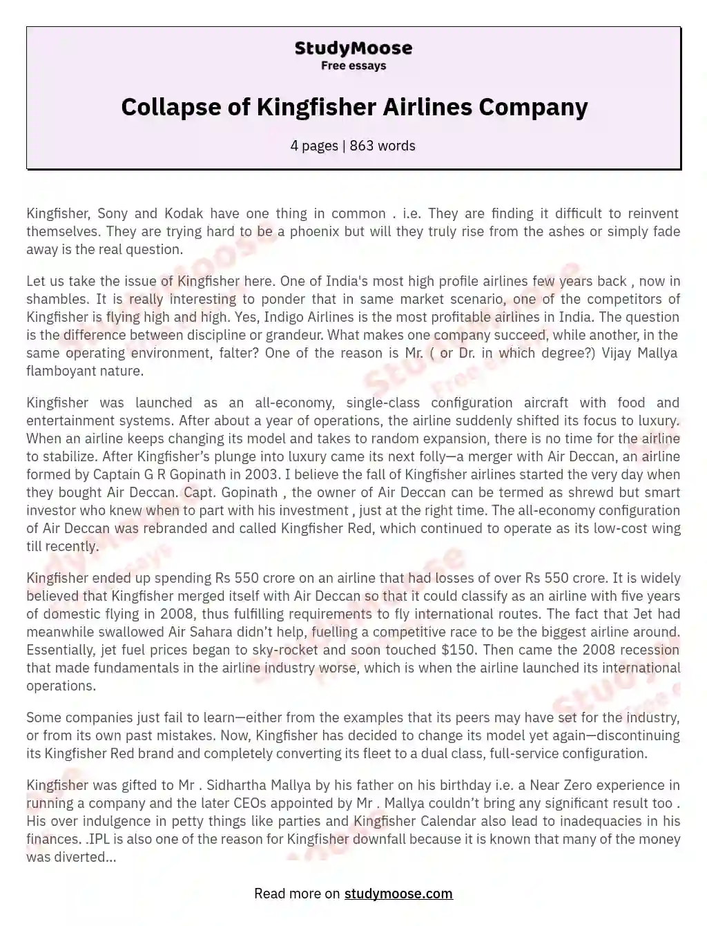 Collapse of Kingfisher Airlines Company essay