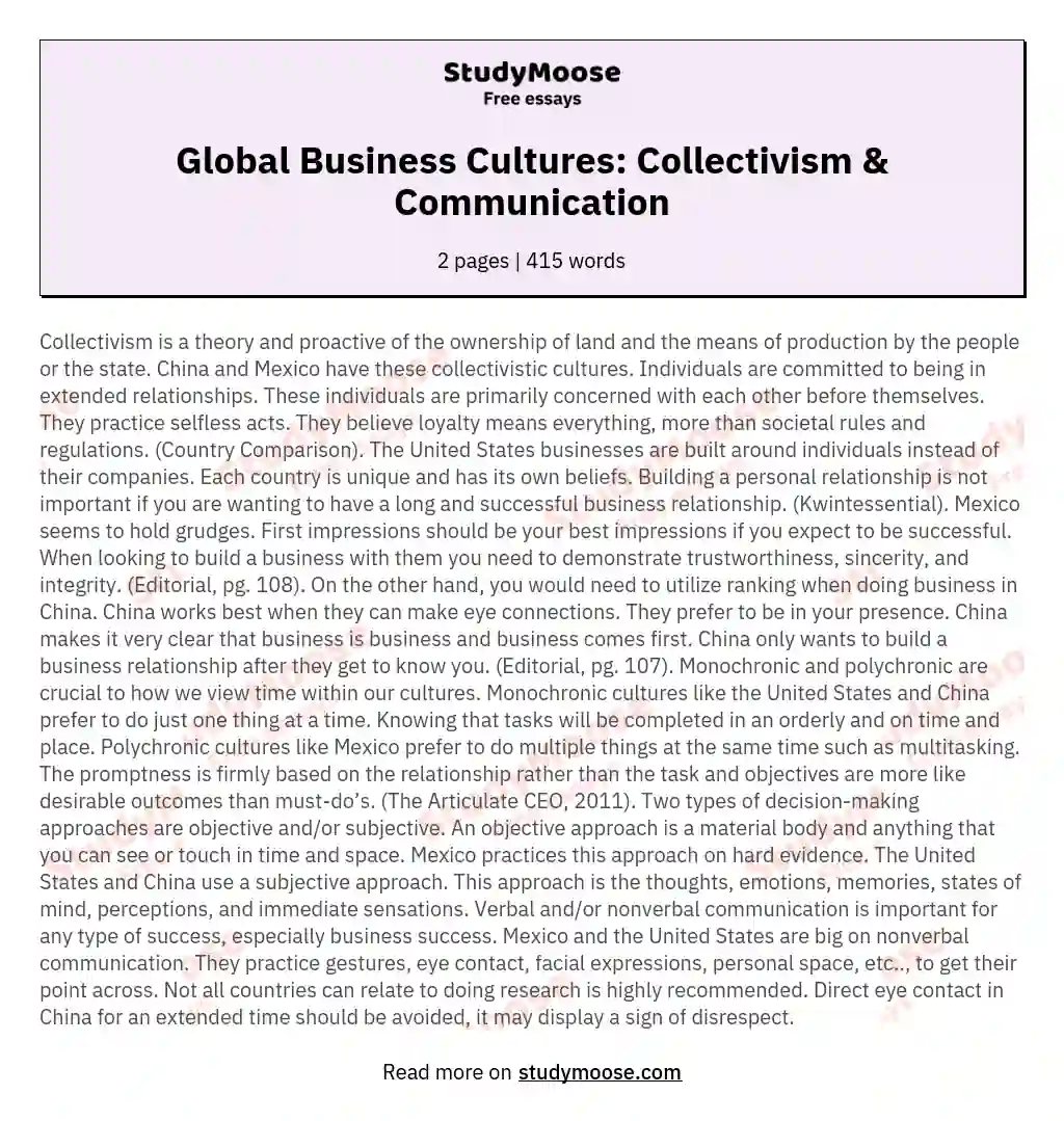 Global Business Cultures: Collectivism & Communication essay