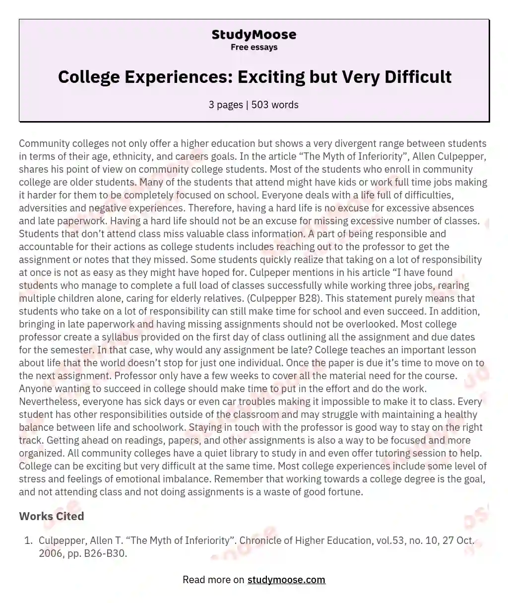 College Experiences: Exciting but Very Difficult essay