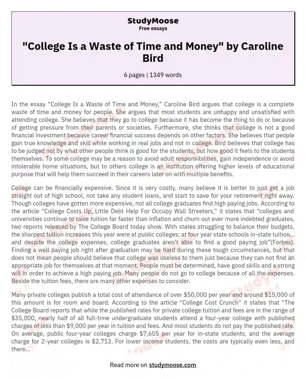 "College Is a Waste of Time and Money" by Caroline Bird essay