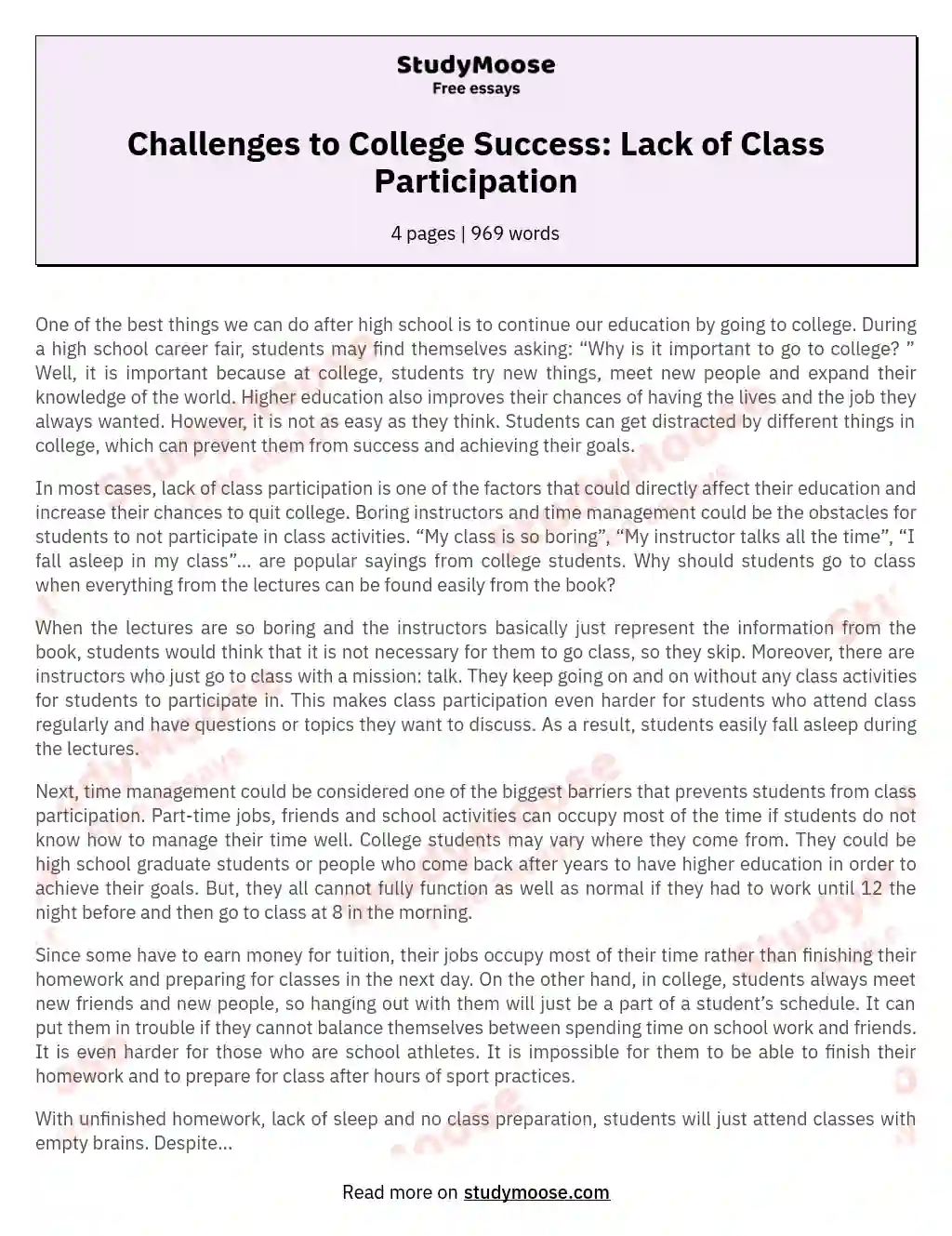 Challenges to College Success: Lack of Class Participation essay