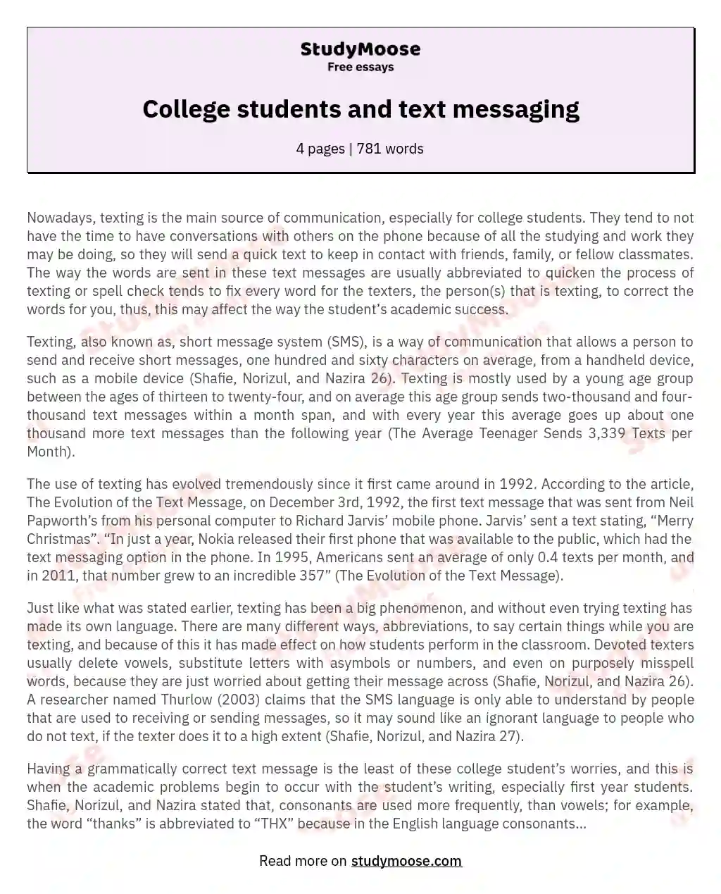 College students and text messaging