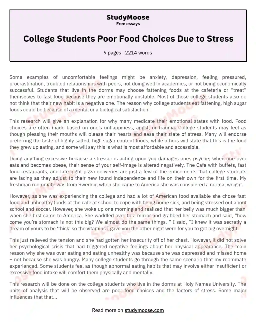 College Students Poor Food Choices Due to Stress essay