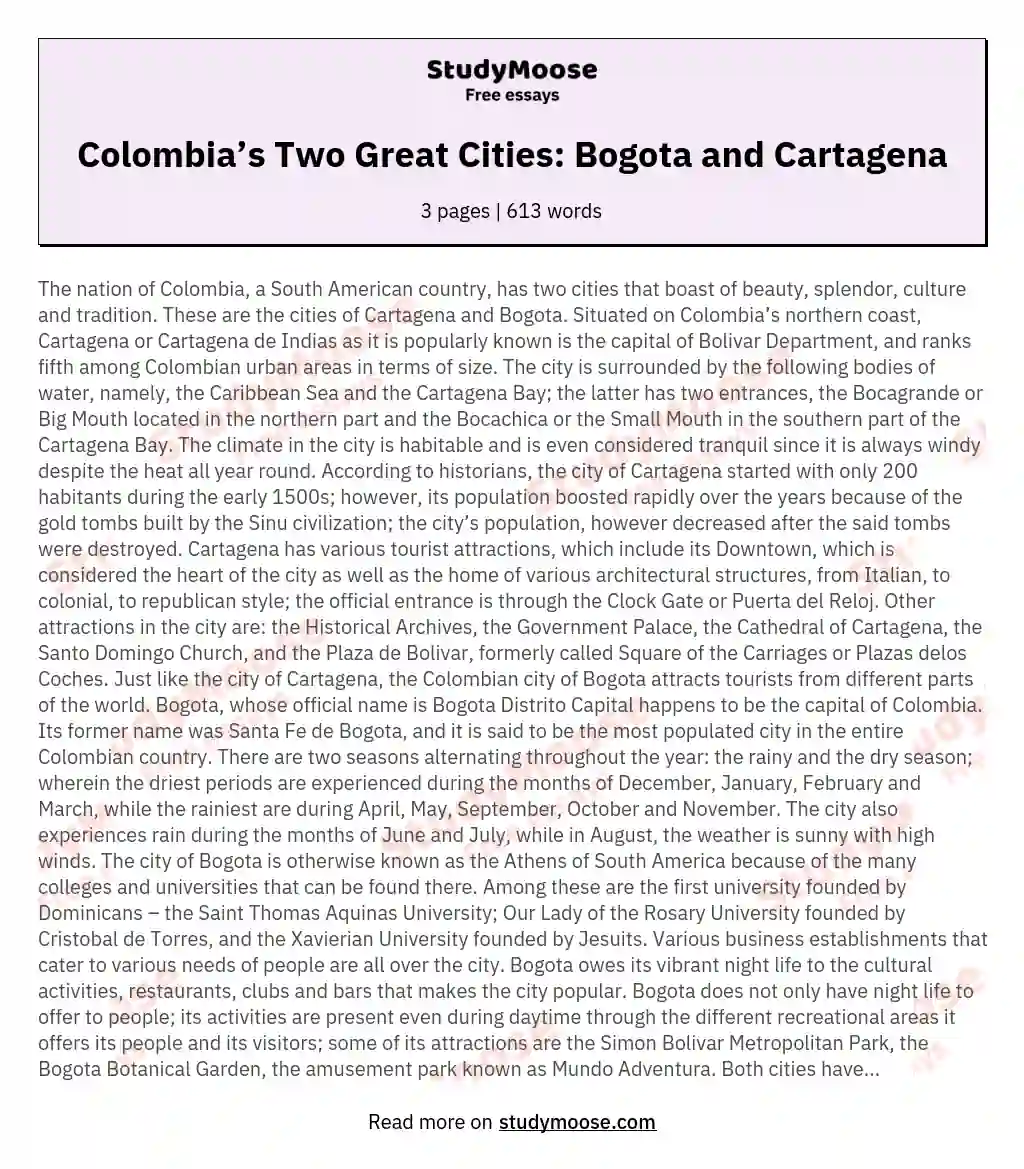 Colombia’s Two Great Cities: Bogota and Cartagena essay
