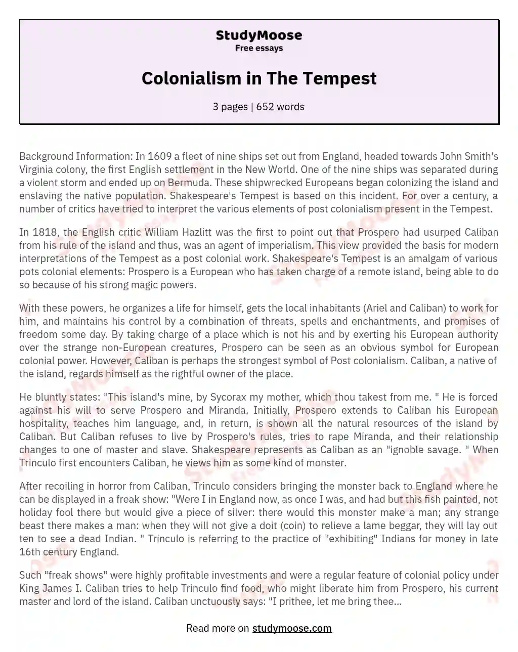 colonialism in the tempest essay