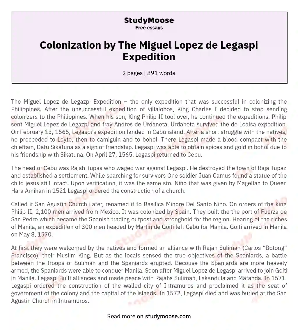 Colonization by The Miguel Lopez de Legaspi Expedition essay