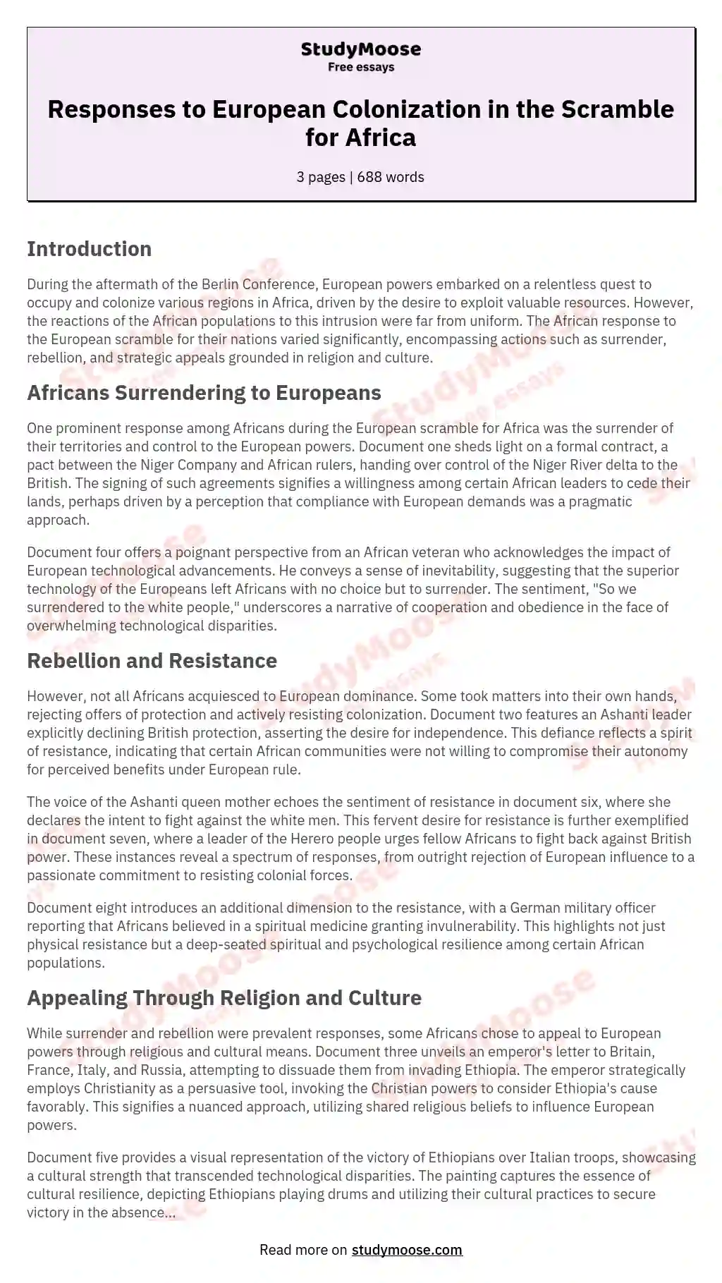 Responses to European Colonization in the Scramble for Africa essay