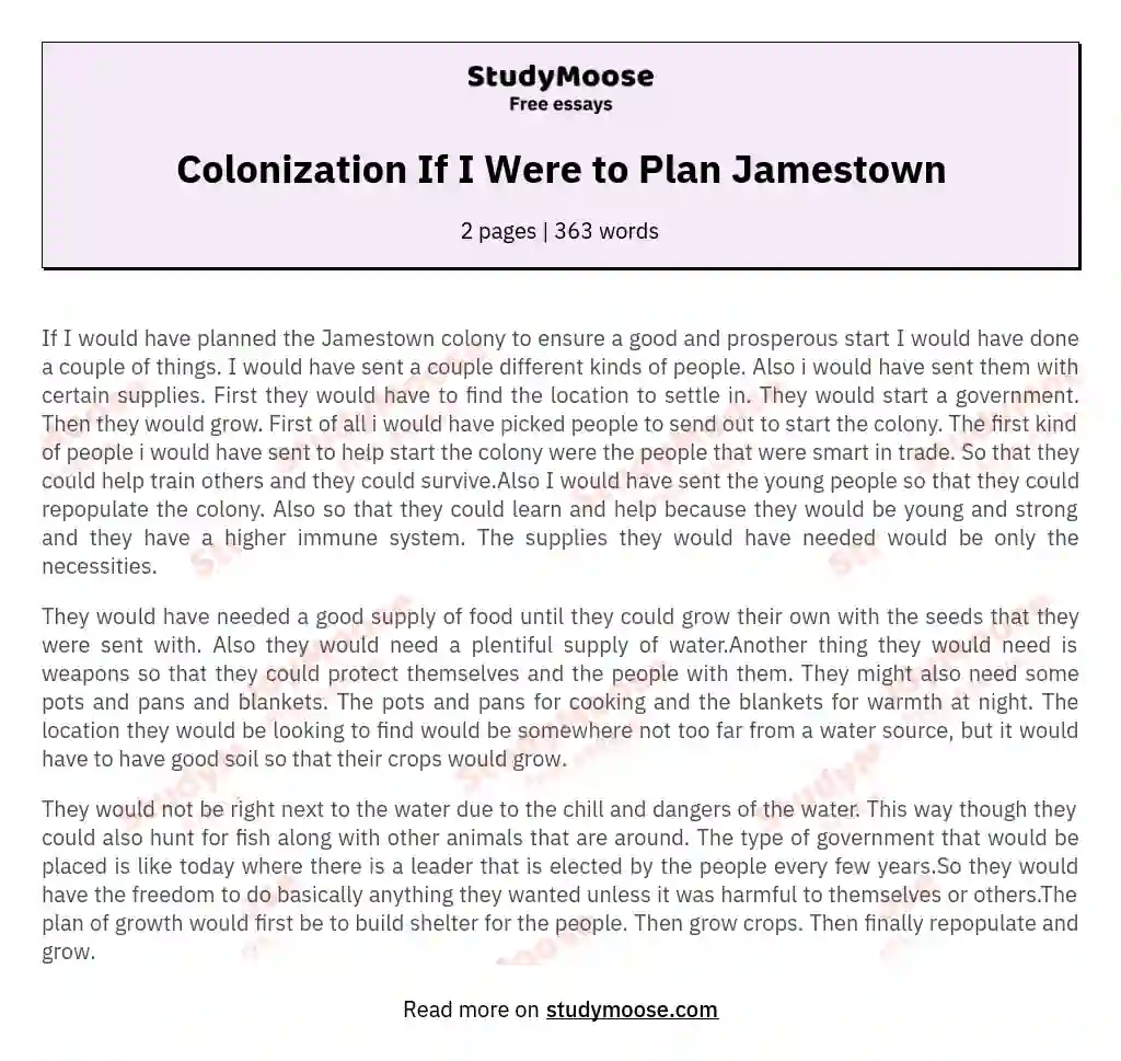 Colonization If I Were to Plan Jamestown