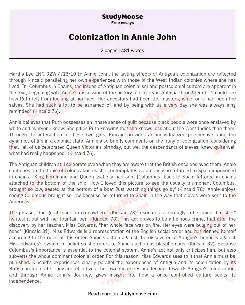 Colonization in Annie John essay