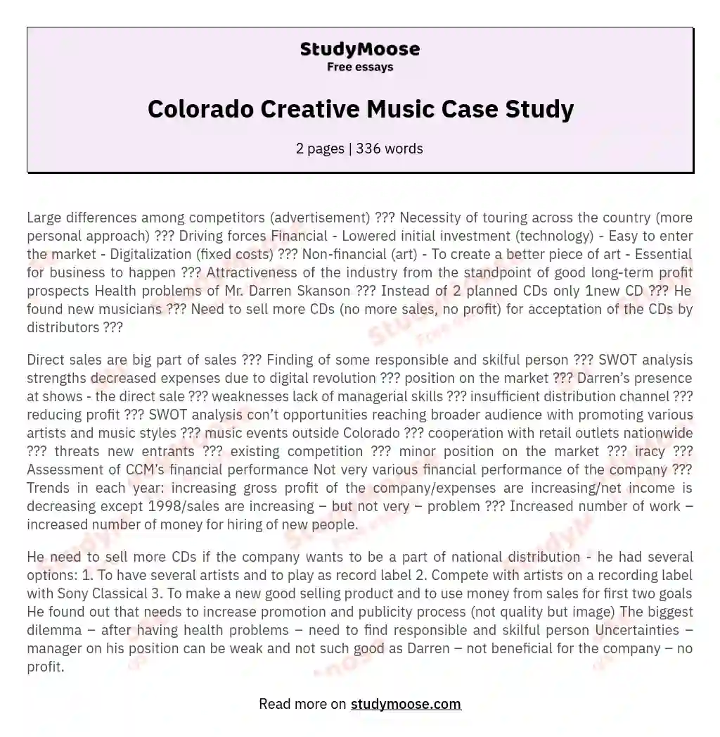 Colorado Creative Music Case Study essay