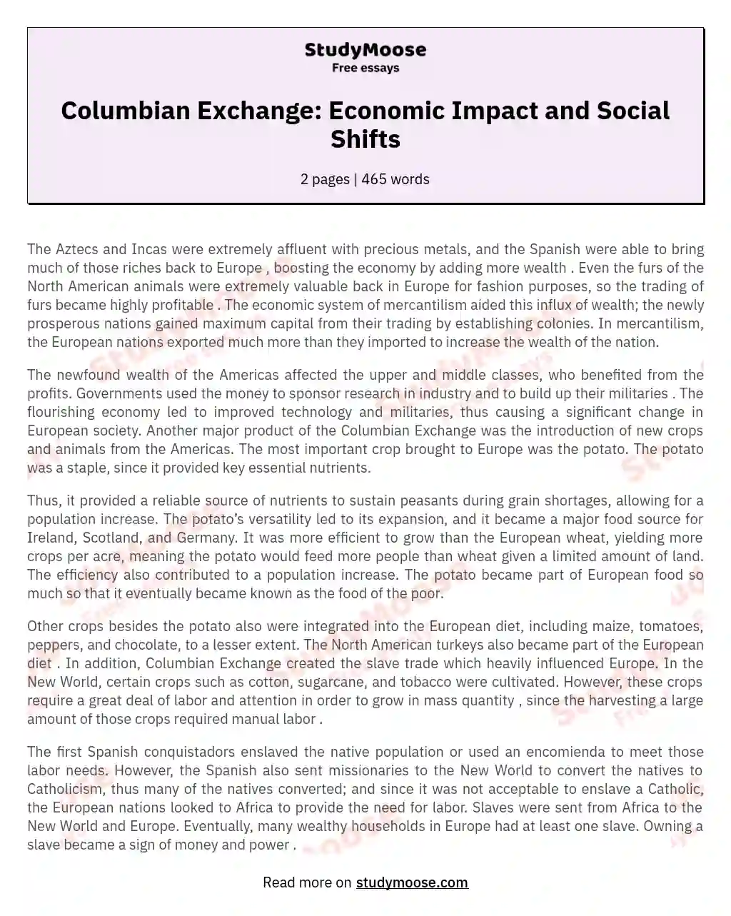 Columbian Exchange: Economic Impact and Social Shifts essay