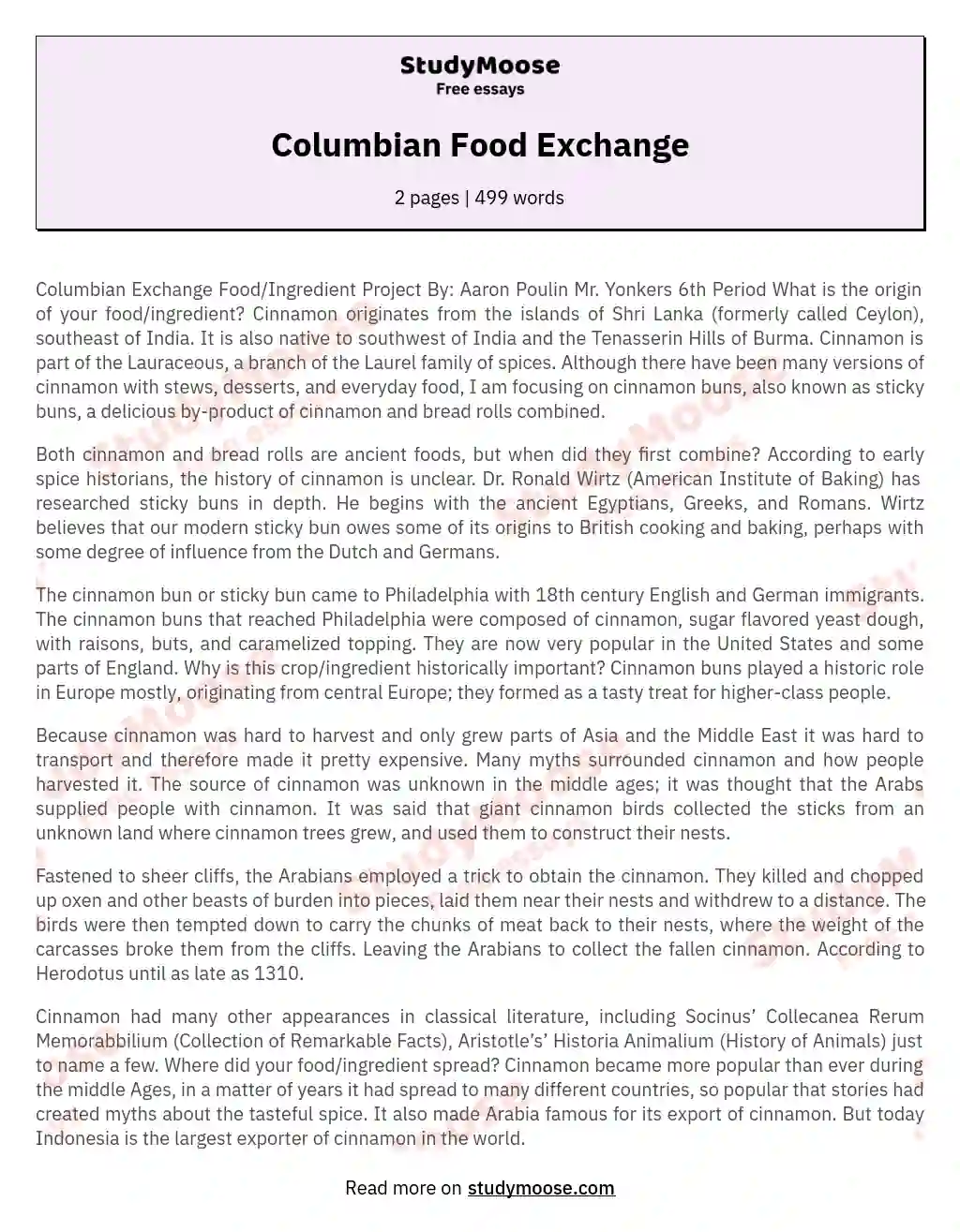 Columbian Food Exchange essay