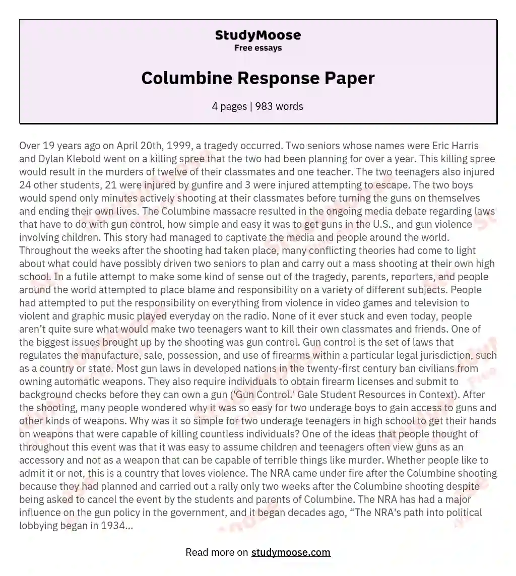 Columbine Response Paper essay