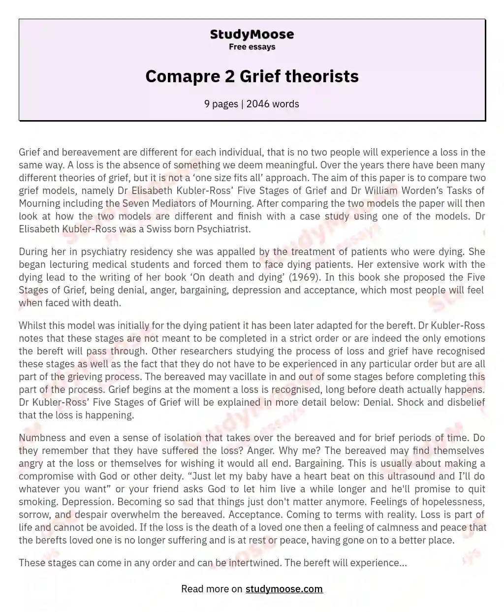 Comapre 2 Grief theorists essay