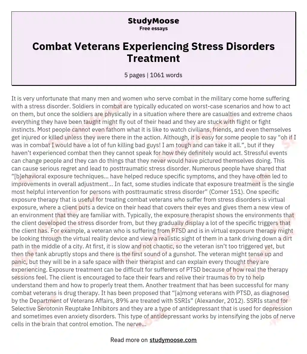Combat Veterans Experiencing Stress Disorders Treatment essay