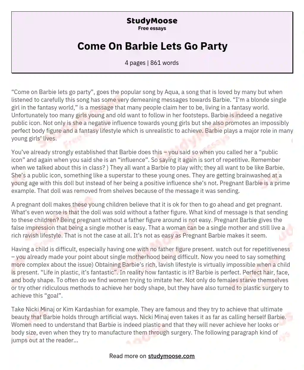 Come On Barbie Lets Go Party essay