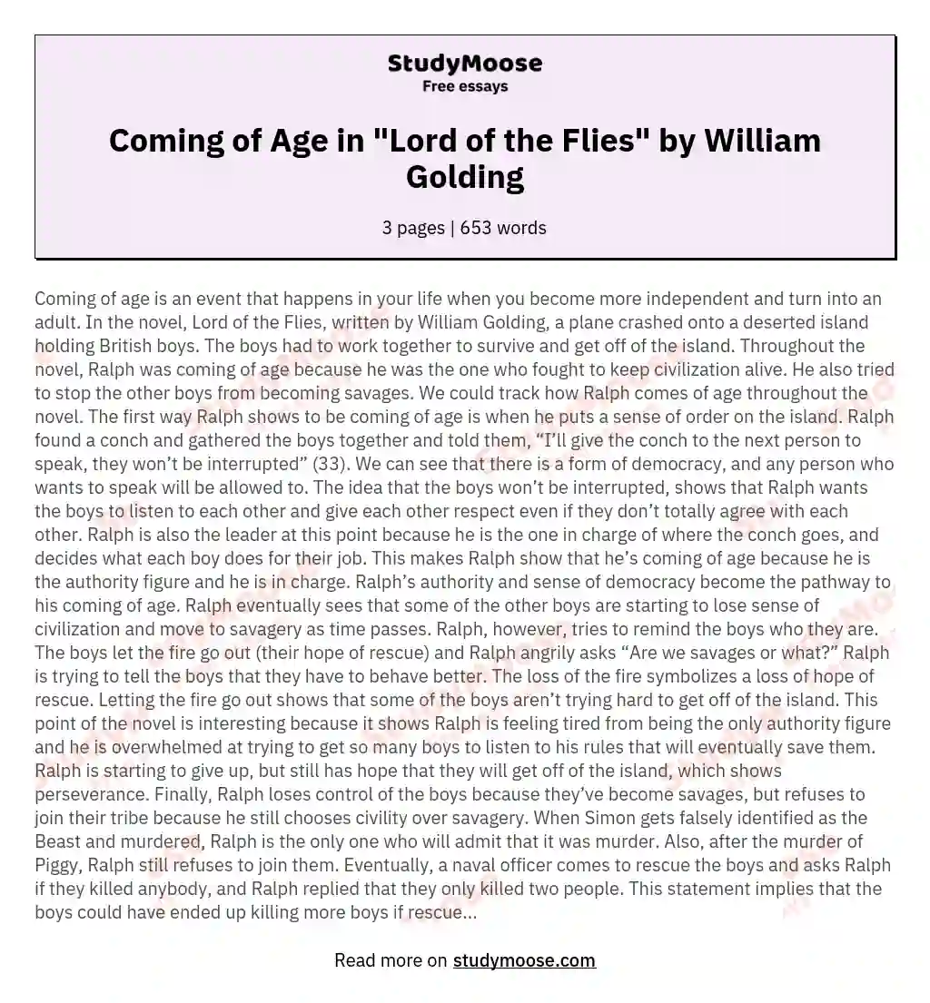 Coming of Age in "Lord of the Flies" by William Golding essay