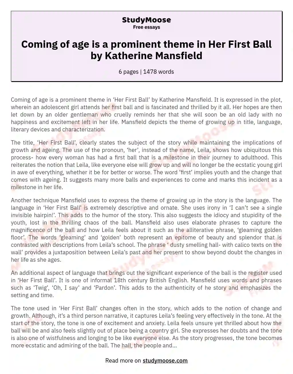 Coming of age is a prominent theme in Her First Ball by Katherine Mansfield essay