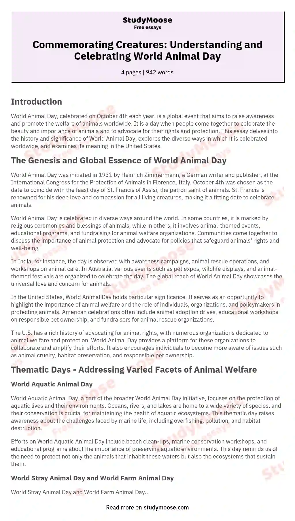 Commemorating Creatures: Understanding and Celebrating World Animal Day essay
