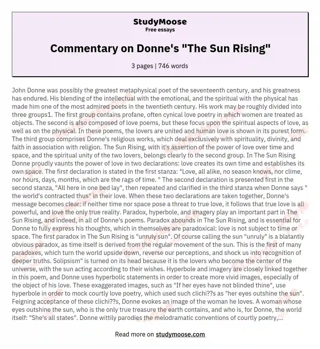 Commentary on Donne's "The Sun Rising"