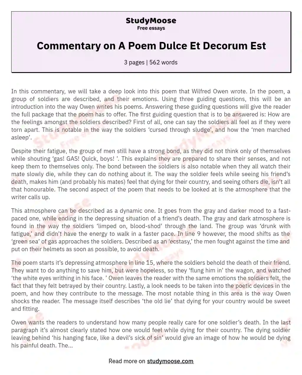 Commentary on A Poem Dulce Et Decorum Est essay