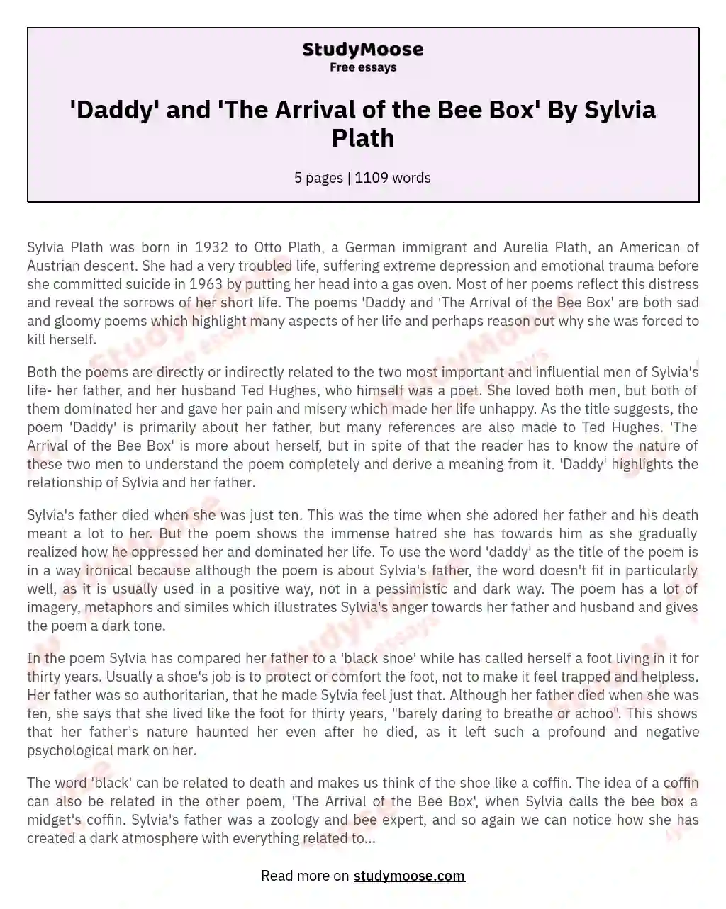 'Daddy' and 'The Arrival of the Bee Box' By Sylvia Plath essay