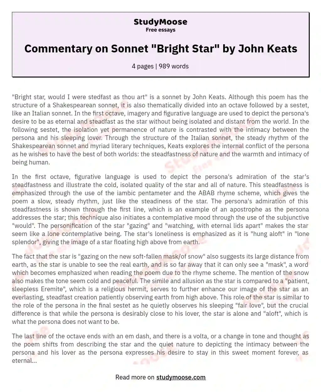 Commentary on Sonnet "Bright Star" by John Keats