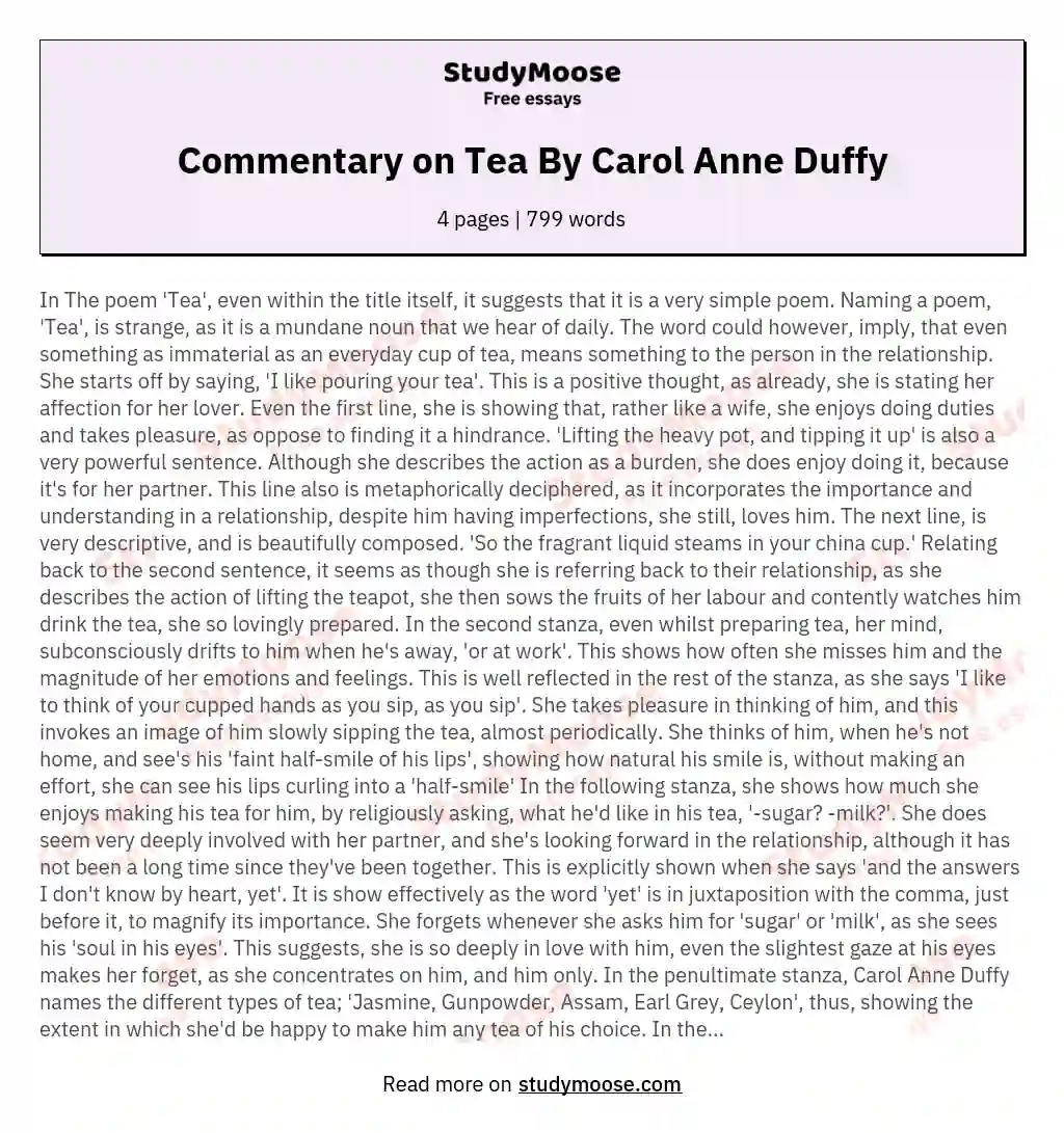 Commentary on Tea By Carol Anne Duffy