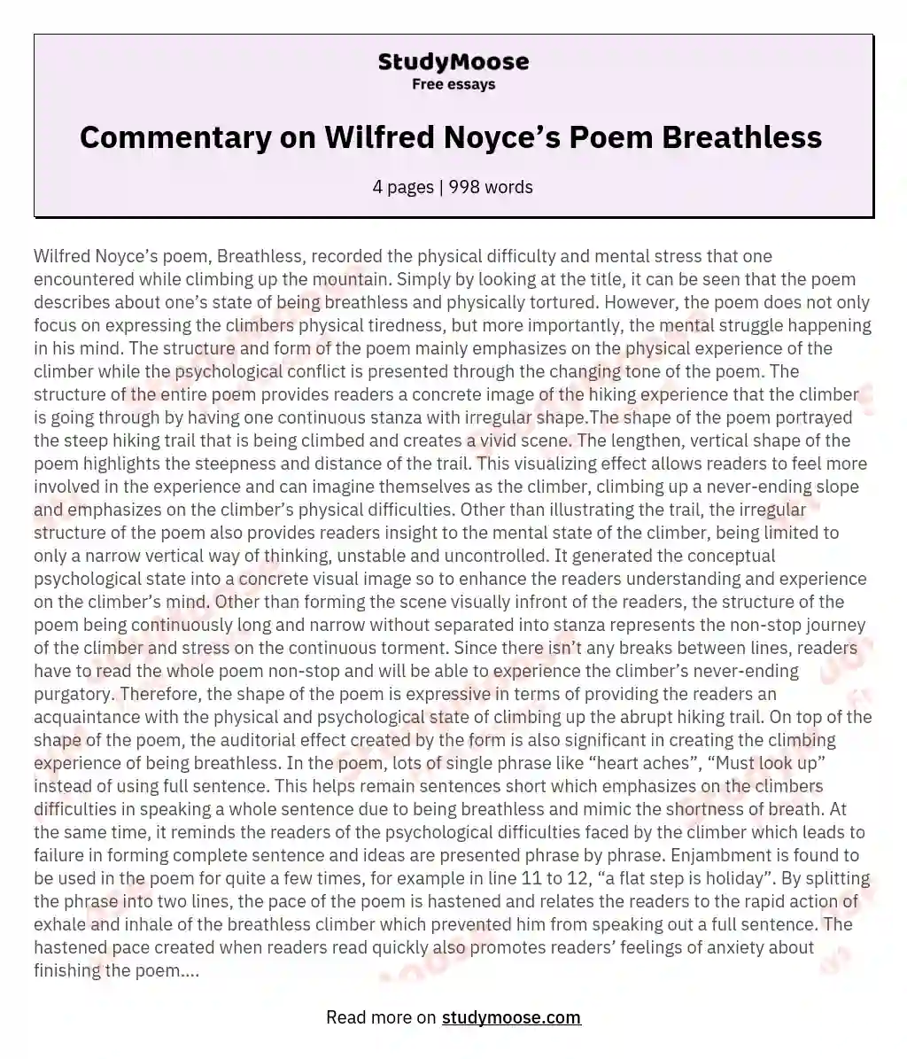 Commentary on Wilfred Noyce’s Poem Breathless  essay