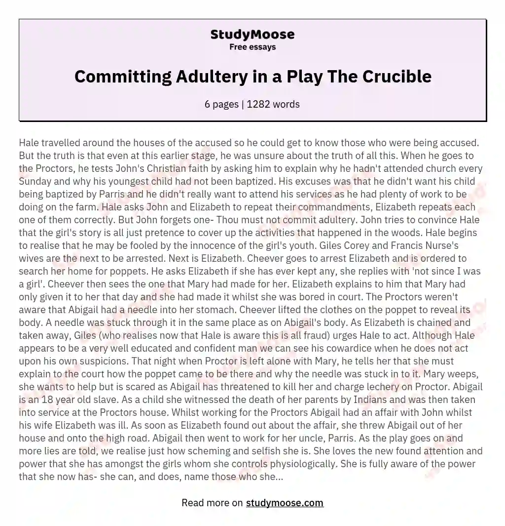 Committing Adultery in a Play The Crucible essay