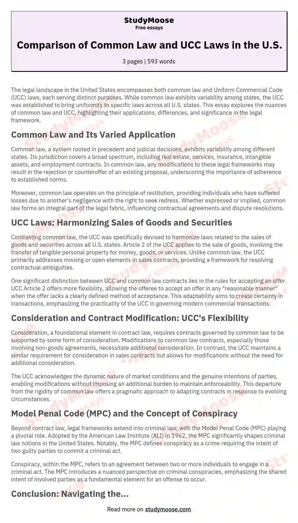 Comparison of Common Law and UCC Laws in the U.S. essay
