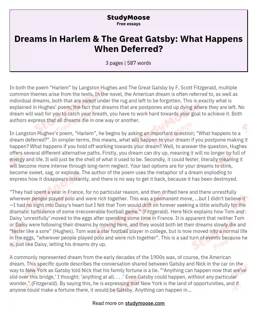 Dreams in Harlem & The Great Gatsby: What Happens When Deferred? essay