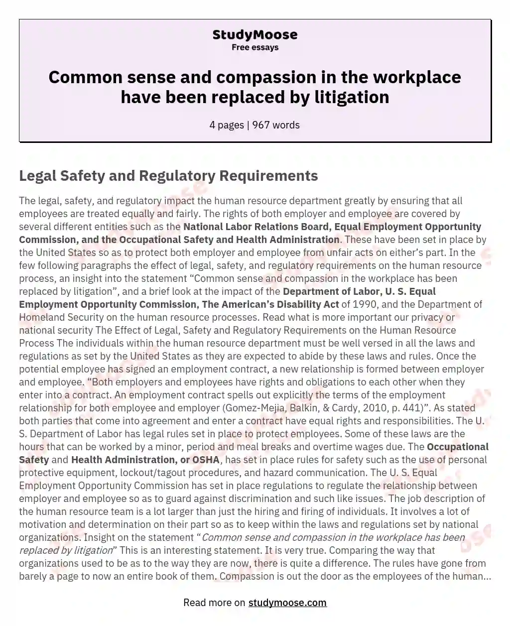 Common sense and compassion in the workplace have been replaced by litigation essay