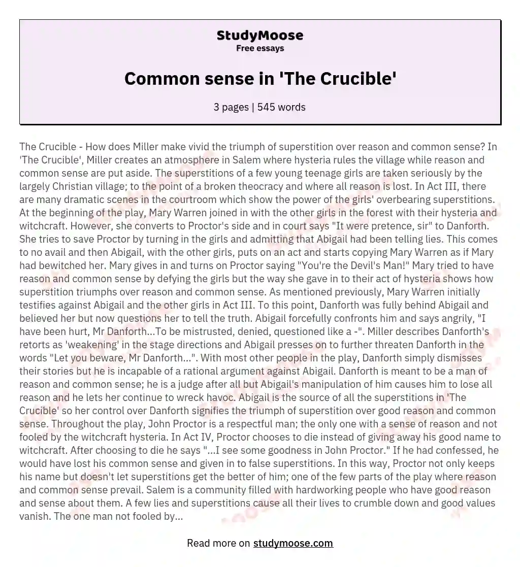 Common sense in 'The Crucible' essay