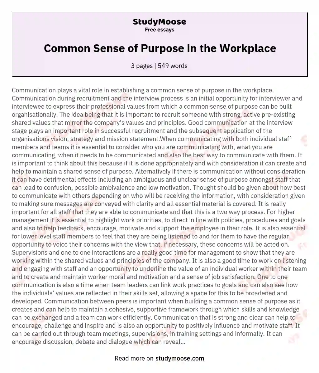 Common Sense of Purpose in the Workplace essay