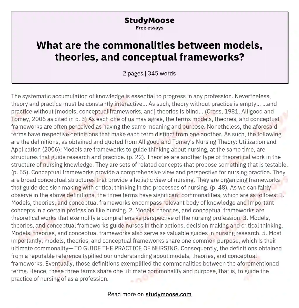 What are the commonalities between models, theories, and conceptual frameworks? essay