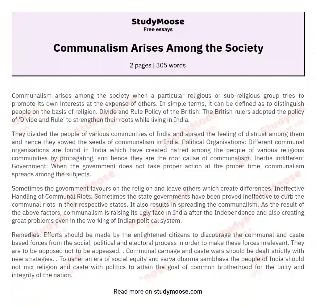 write a sociological essay on communalism