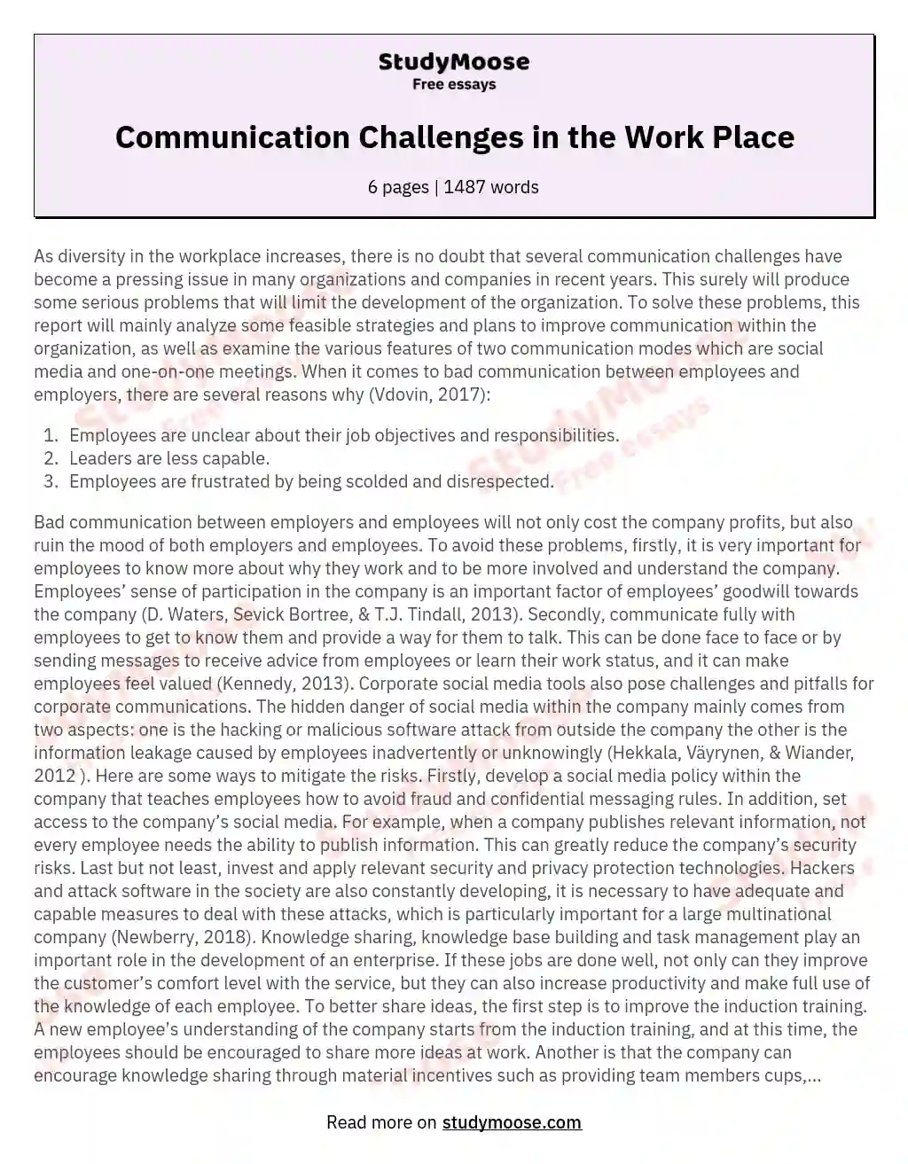 Communication Challenges in the Work Place essay