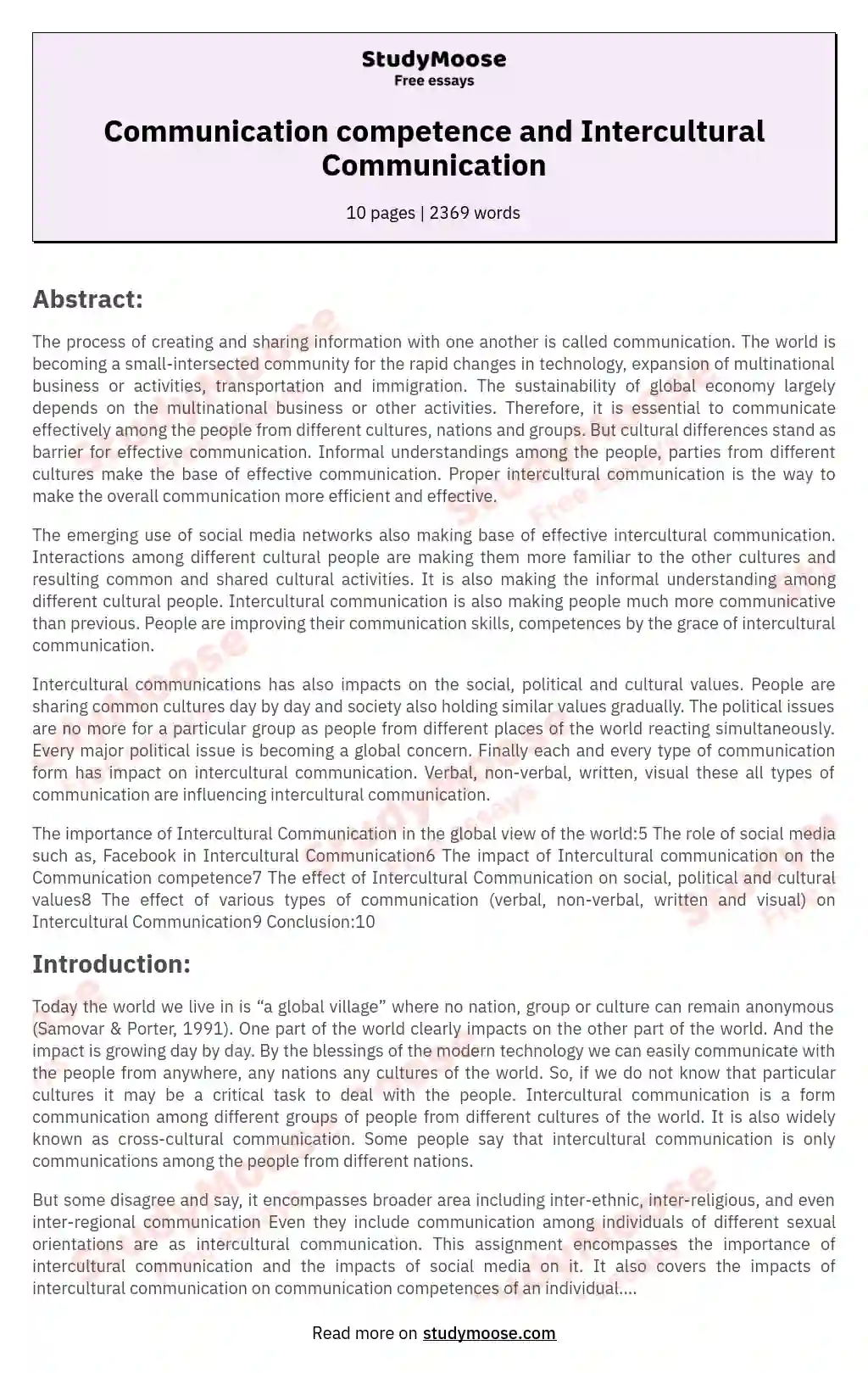 Communication competence and Intercultural Communication essay