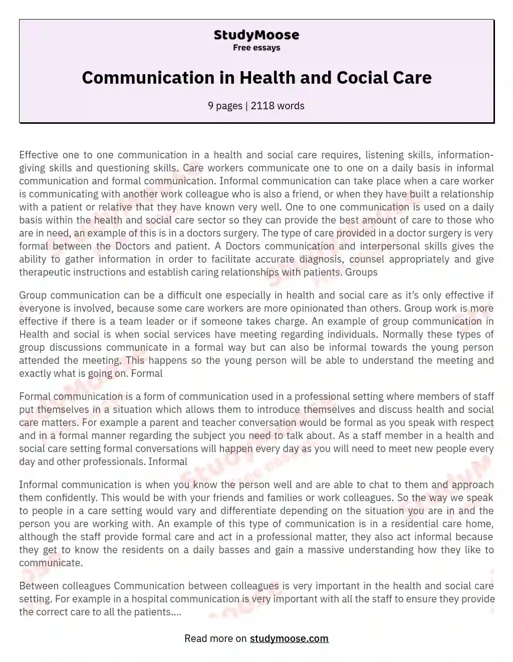 Communication in Health and Cocial Care essay